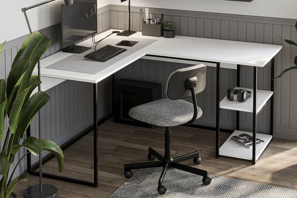Birou de colt L 140x147,8 cm cu rafturi integrate si cadru metalic pentru birou si home office