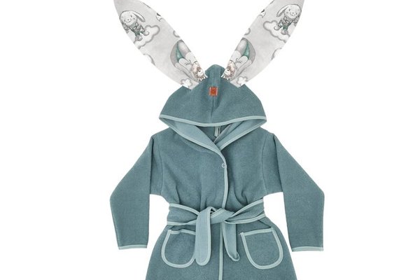 Halat de baie cu urechi MimiNu pentru copii 5-7 ani, din bumbac si thermo fleece, Parachutes Olive
