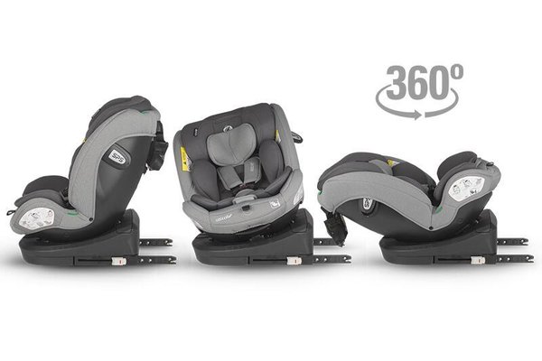 Scaun auto cu Isofix Coccolle Nyota Moonlit Grey 40-150 cm, i-Size, 4 pozitii inclinare, Rotire 360 cu o singura mana, Tetiera reglabila, Husa detasabila, Sistem antibasculare Top Tether, Pozitie somn, 0-12 ani