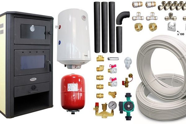 Pachet Termosemineu pe lemne, brichete si carbune Fornello MILANO E, 24 KW, cuptor, Ivory, 580x560x1060 mm, boiler termoelectric 100l, teava, vas expansiune, pompa circulatie, kit evacuare si fitinguri