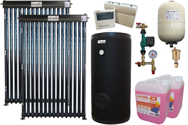 Pachet sistem solar presurizat, panou Fornello 30 Tuburi Heat Pipe, Boiler 2 serpentine Fornello SOL 300 LT 2S, controller, vas expansiune, grup pompare, aerisitor 1/2, antigel