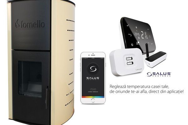 Pachet control de la distanta Termosemineu pe peleti Fornello Royal 18 kw, pompa, vas expansiune, aprindere automata, buncar peleti integrat, culoare ivory si termostat Wi-Fi Salus IT 500