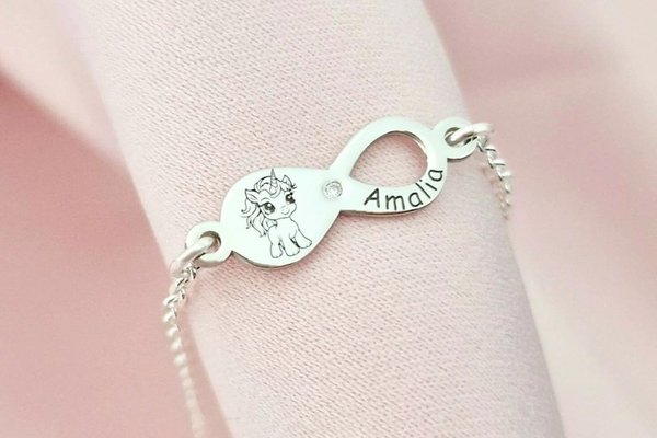 Bratara personalizata cu simbol infinit, unicorn si nume - Argint 925 Rodiat cu diamant natural