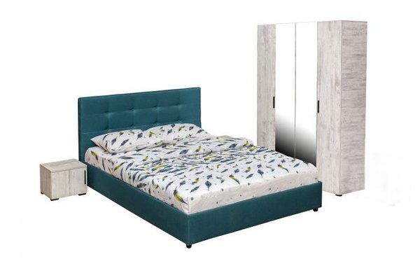 Set dormitor ECONO, 4 piese, pat 140x200 cm, dulap 4 usi, 2 noptiere, pin antichizat + turcoaz