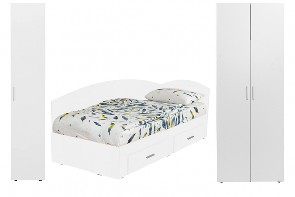 Set dormitor modular ALMA, 3 piese, pat de colt 120x200 cm, colt interschimbabil, dulap 2 usi, dulap 1 usa, alb