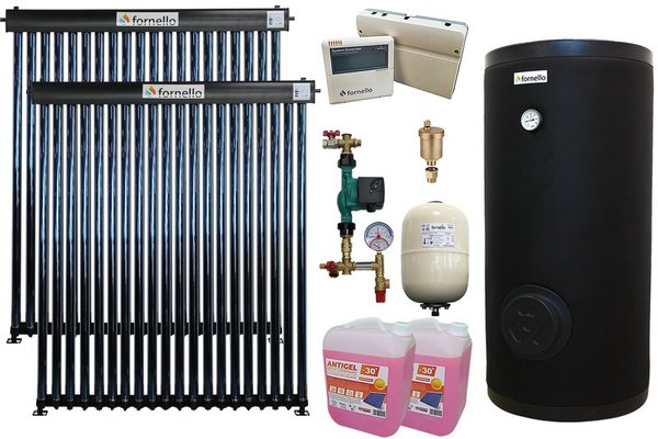 Pachet sistem solar presurizat Fornello 40 Tuburi Heat Pipe, Boiler cu 2 serpentine Fornello SOL 300 LT 2S, controller, vas expansiune, grup pompare, aerisitor 1/2, antigel