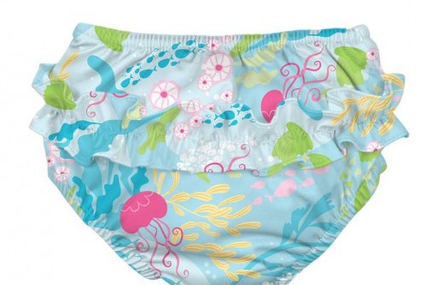 Slip fete refolosibil SPF 50+ cu capse si volanase Green Sprouts by iPlay Aqua Coral Reef 24 luni