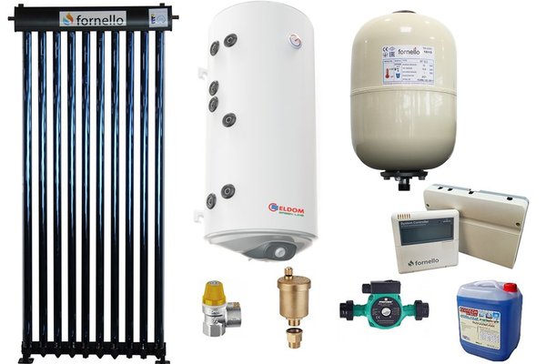 Sistem solar presurizat, panou Fornello 10 Tuburi Heat Pipe, boiler cu 2 serpentine si rezistenta electrica Eldom 100 litri, pompa 25-60, controller, vas expansiune, antigel, supapa 1/2, aerisitor 1/2
