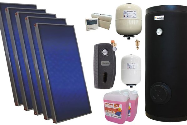 Pachet solar premium, presurizat, 5x panou plan Sunsystem PК SL FP 2.0, Boiler cu 2 serpentine Fornello SOL 500 LT 2S, controller, vas expansiune solar, vas expansiune sanitar, grup pompare Fornello (pompa OHI), aerisitor 1/2, antigel