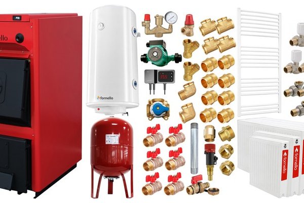 Pachet centrala pe combustibil solid Fornello T-PRO 40 kW cu radiatoare, boiler si accesorii complete