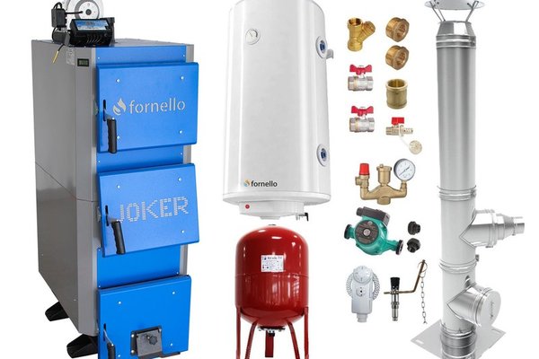 Pachet Cazan (centrala) pe combustibil solid, (lemn, carbune), Fornello Joker 24 kW, Cos Inox, Boiler, Vas Expansiune, Pompa, Fitinguri Montaj