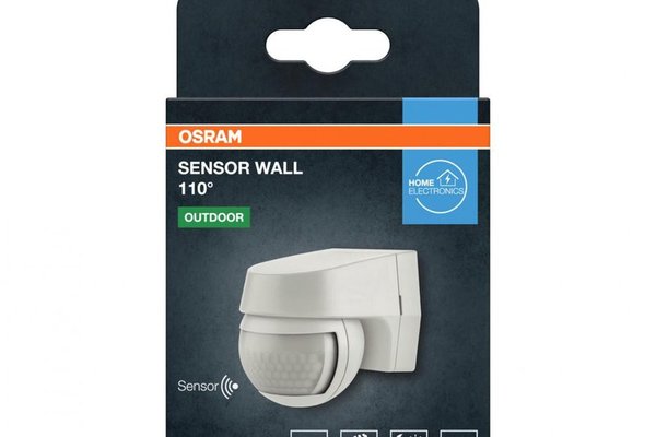 OSRAM SENSOR WALL - Senzor de lumina si miscare pentru perete, 110°, 230V, IP44, dimensiuni 60x72x77mm, ajustabil 2s - 15min, Alb