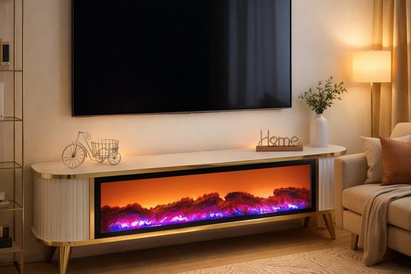 Comoda TV Royal de 160 cm cu semineu electric, iluminare LED si boxa Bluetooth