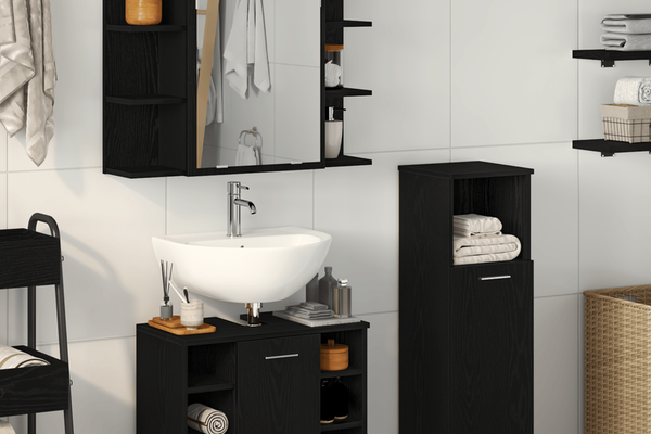 Set mobilier baie 3 piese, lemn ingineresc, finisaj stejar negru