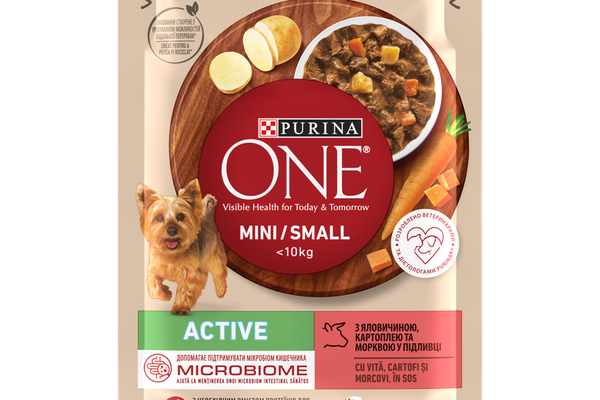 PURINA ONE MINI Active, vita, cartofi si morcovi, in sos, 85 g