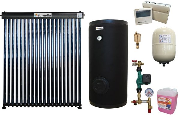 Pachet sistem solar presurizat, panou Fornello 20 Tuburi Heat Pipe, Boiler Fornello SOL 200 LT 2S, controller, vas expansiune, grup pompare, aerisitor 1/2, antigel