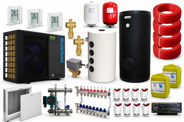 Sistem de incalzire prin pardoseala 80 mp cu pompa de caldura Fornello BLUSTARK R290, 6 kW, Automatizare, Boiler 200 litri, Puffer 80 litri