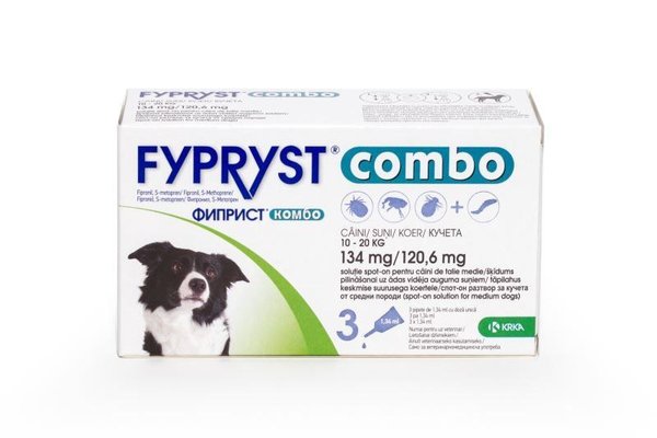 Fypryst Combo Dog M 134 mg, pipete antiparazitare caini talie medie (10 - 20 kg), 3 buc