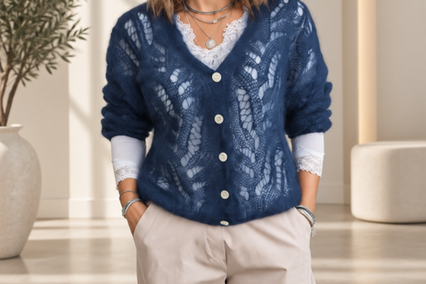 Cardigan Bleumarin din Mohair cu Dantela, Pulover Casual Chic