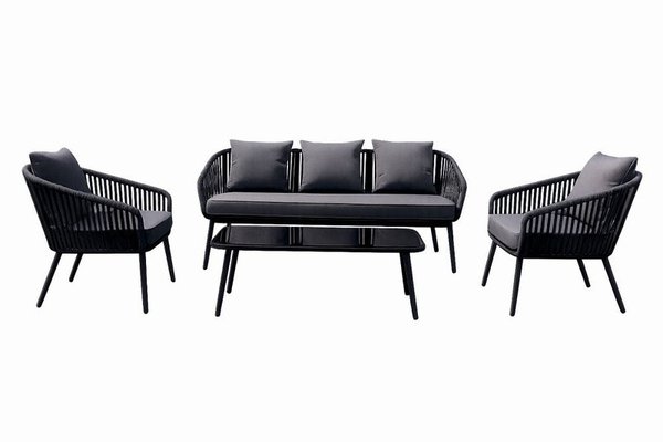 Set mobilier exterior KLUGMEISTER KJF10537, canapea, 2 fotolii si masa din sticla, gri, cu perne incluse
