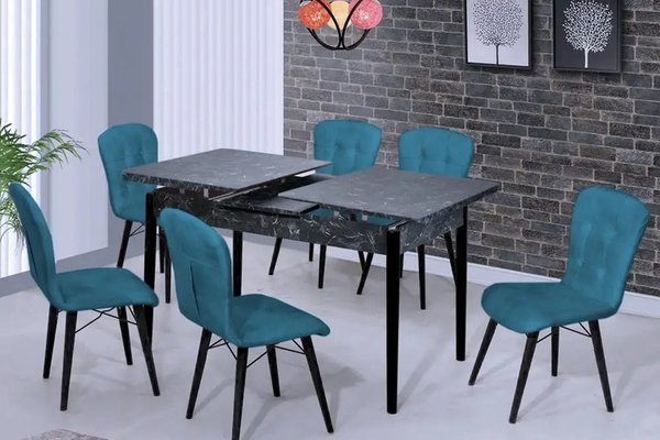 Set masa extensibila negru marmorat cu 6 scaune tapitate Beluga culoare turcoaz