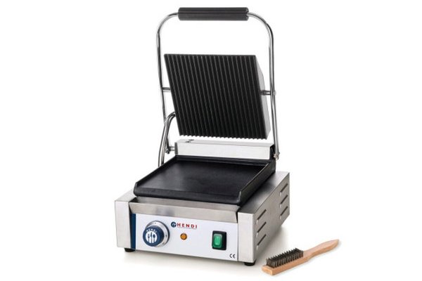 Contact Grill Profesional Hendi, Partea Superioara Striata, Partea Inferioara Neteda, 1800W, termostat 0-300 gr C, 29x37x(H)21 cm, Grill 22 x 23 cm