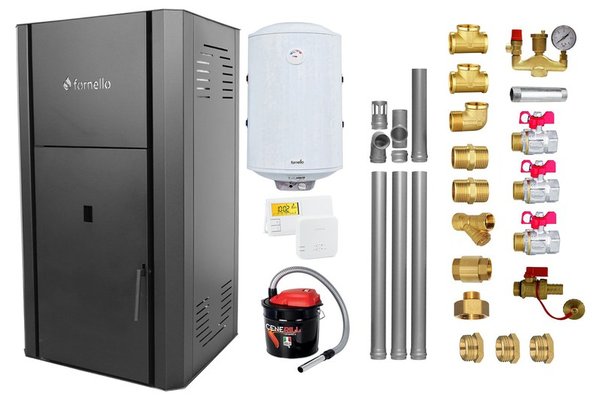 Pachet Centrala peleti Fornello Primo Pellet Black 30 kw, complet echipata pentru incalzire, pompa, vas expansiune, automatizare, kit evacuare 3.5 ml, Boiler Termoelectric Fornello 100 l, Termostat Salus 091FLRFV2, Aspirator si kit montaj