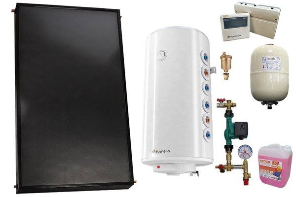 Pachet sistem solar presurizat, Panou solar plan Fornello 2.0 m² SPFP, Boiler cu 2 serpentine Fornello Optima GCV7/4S 150 l, grup pompare, controller, vas expansiune, antigel, aerisitor 1/2