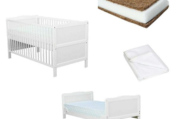 Set Patut din lemn bebe transformabil, Saltea Cocos Confort II si Protectie impermeabila Qmini 140x70 cm - Babyneeds