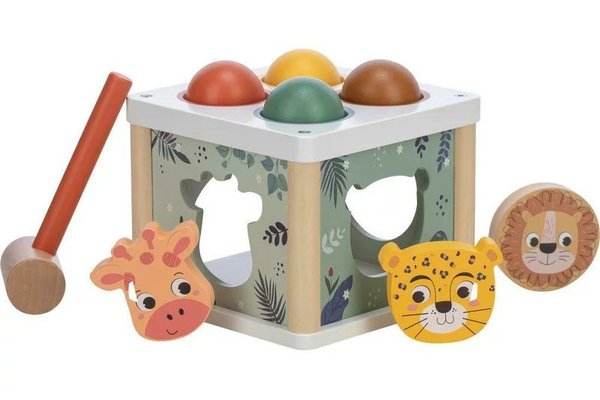 Cub de Activitati din Lemn Free2Play cu Figurine si Ciocanel, 15 x 15 x 12 cm, 12 luni+