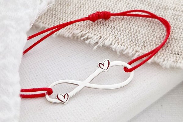 Bratara infinit cu 2 inimi decorate cu email - Argint 925 - Snur reglabil, diverse culori