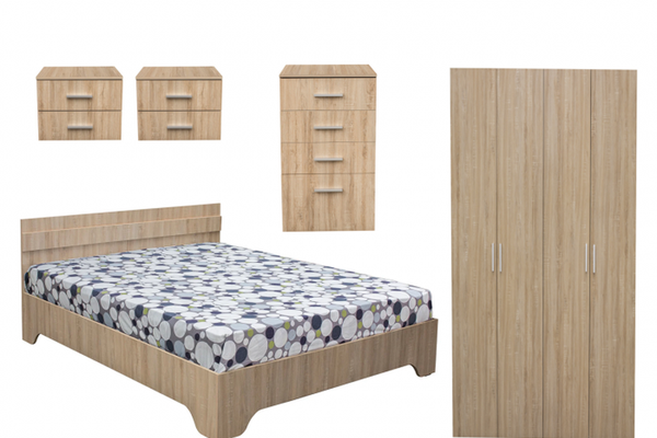 Set dormitor ALMA, 5 piese, pat 180x200 cm, dulap 4 usi, comoda, 2 noptiere, sonoma