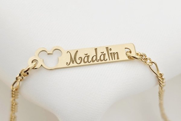 Bratara placuta - Forma soricel gravat cu nume personalizat - Argint 925 placat cu Aur Galben 18K - Cu lantisor fata/baiat