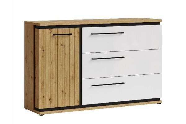 Comoda ML12, cu usa si 3 sertare, corp artisan, fronturi MDF artisan + alb, 130x37x86 cm