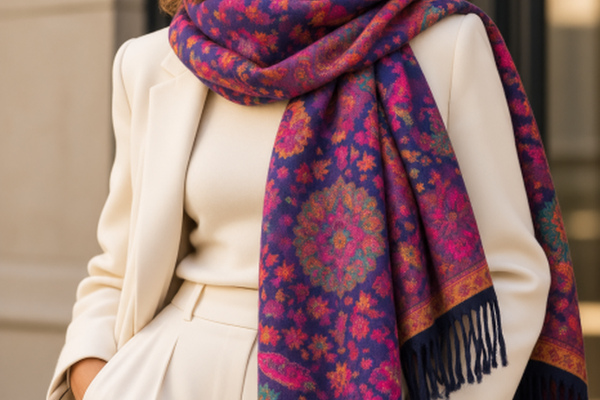 Esarfa premium din lana si vascoza cu imprimeu floral oriental in nuante de fucsia si portocaliu pe fond mov