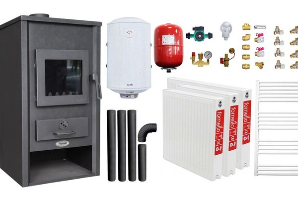 Pachet incalzire si apa calda pentru 2 camere Termosemineu pe lemne, brichete si carbune Fornello B2E, 14 kW, 46x45x91 cm, boiler termoelectric 80l, vas expansiune, pompa circulatie, kit evacuare, calorifere si kit montaj