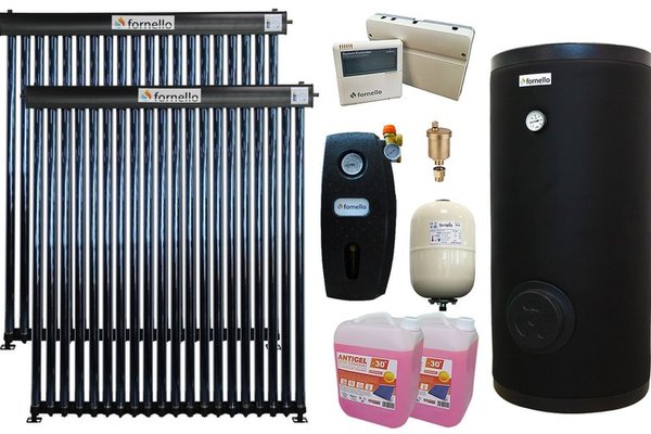 Pachet sistem solar presurizat Fornello 40 Tuburi Heat Pipe, Grup pompare, Boiler cu 2 serpentine Fornello SOL 300 LT 2S, controller, vas expansiune, Aerisitor 1/2, Antigel