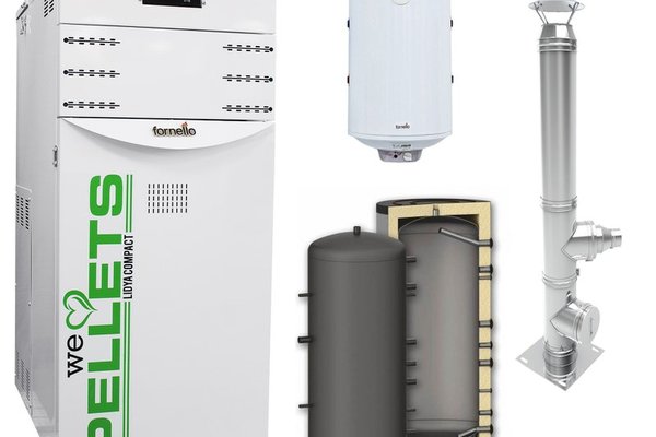 Pachet Centrala termica pe peleti Fornello Lidya Compact 25 kw, echipata cu pompa electronica Grundfos, vas expansiune, manometru, aerisitor, supapa, arzator inox, A+, Puffer P 500l, Cos inox 6 ml 120 mm, Boiler Termoelectric Fornello 10