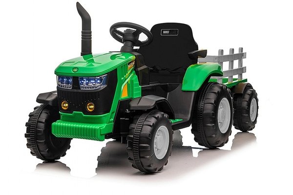 Tractor electric pentru copii Nichiduta Track Green 90W cu telecomanda 2.5G, Acumulator 12V, Remorca detasabila, Centura siguranta, Faruri cu lumini LED, Sunete,slot card, Roti late din plastic rezistent cu aparatori noroi