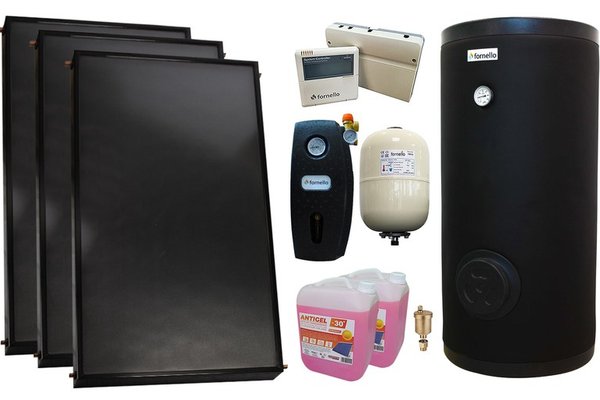 Pachet sistem solar presurizat, 3 x Panou solar plan Fornello 2.0 m² SPFP, Boiler cu 2 serpentine FORNELLO SOL 300 LT 2S, grup pompare, controller, vas expansiune, antigel, aerisitor 1/2