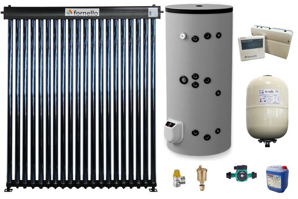 Sistem solar presurizat, panou Fornello 20 Tuburi Heat Pipe, boiler cu 2 serpentine si rezistenta electrica Eldom 200 litri cu montaj pe sol, pompa 25-60, controller, vas expansiune, antigel, supapa 1/2, aerisitor 1/2