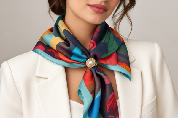 Esarfa patrata satinata cu imprimeu floral vibrant si inel inclus