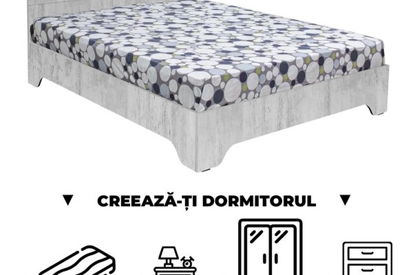 Creeaza-ti Dormitorul ALMA, pin antichizat, de la Pat cu picioare Alma 140x200 cm, adauga Saltea, Noptiere, Comoda, Dulap