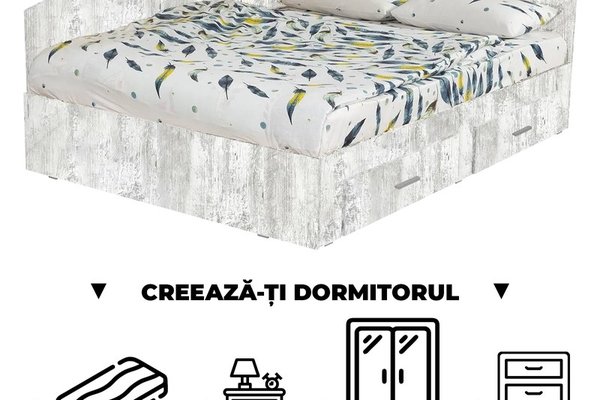 Creeaza-ti Dormitorul ALMA, pin antichizat, de la Pat Colt Alma 140x200 cm, cu 2 sertare laterale pe role, adauga Saltea, Noptiere, Comoda, Dulap
