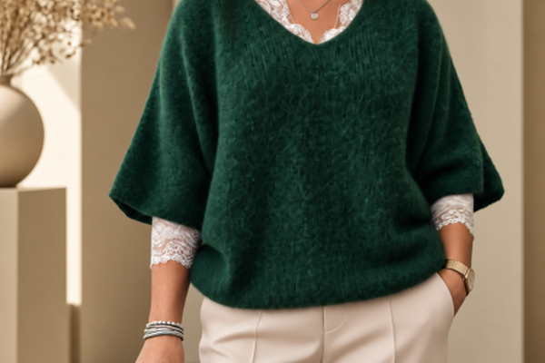 Pulover oversize din alpaca verde inchis cu maneci fluture