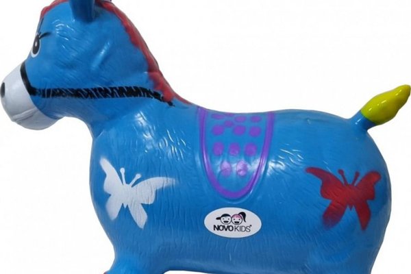 Calut de sarit gonflabil Novokids Jumping Donkey cu Sunete si lumini, Dimensiuni 55X50X25 cm, Pentru interior si exterior, Maxim 50 kg, Albastru