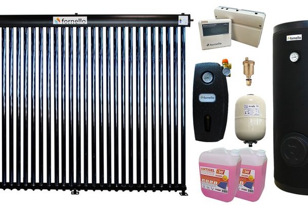 Pachet sistem solar presurizat, panou Fornello 30 Tuburi Heat Pipe, Grup pompare, Boiler de SOL cu 2 serpentine Fornello 300 LT 2S, Controller, Vas expansiune, Aerisitor 1/2, Antigel