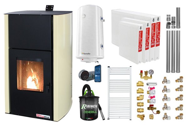 Pachet complet pentru incalzire Termosemineu pe peleti Fornello Fiama Confort 30 kW