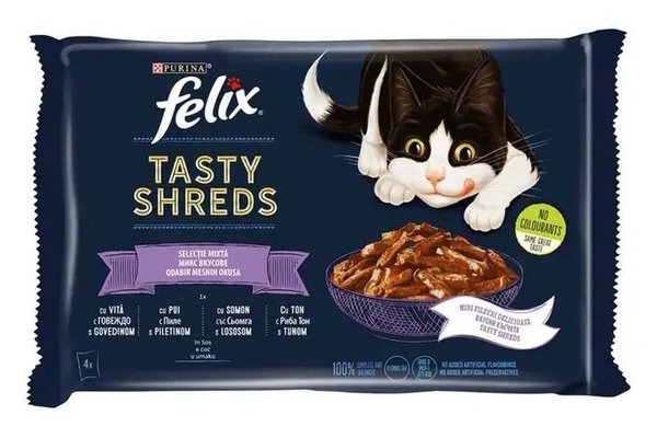 Felix Tasty Shreds, Vita, Pui, Somon si Ton in sos, 4x80 g