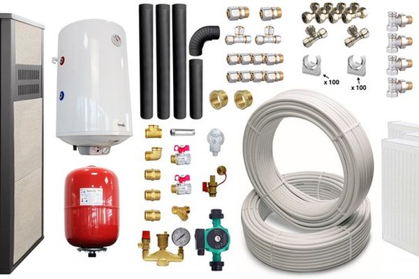 Pachet incalzire si apa calda pentru 2 camere Termosemineu pe lemne, brichete si carbune Fornello Roma E, Ivory, 22 kW, 49x45x103 cm, teava, boiler termoelectric 100l, vas expansiune, pompa circulatie, kit evacuare, calorifere si fitinguri